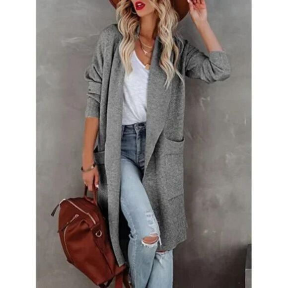NEW WOMEN'S Open Front Knit Pockets Long Cardigan Jackets Sweater, Gray - Picture 1 of 7